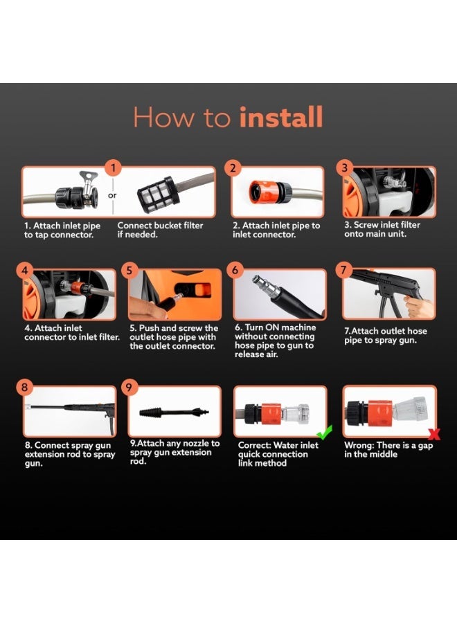 AGARO Royal High Pressure washer, 1800 Watts Motor, 140 Bars, 7L/Min Flow Rate, 5 Meters Outlet Hose, Upright Design With Wheel, For Car, Bike and Home Cleaning Purpose, Turbo Nozzle, Black and Orange - Image 3